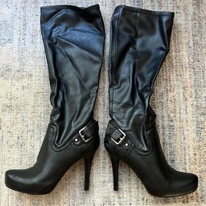 BCBG Black Milled Stretch Black 4 1/2” heeled knee high boots. Size 8